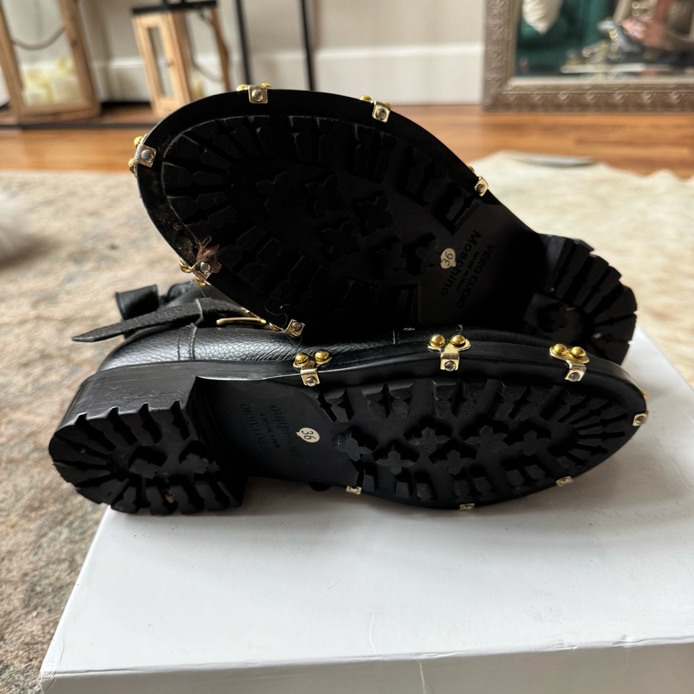 Moschino Black Leather Ankle Boots with Gold Accents - Picture 4 of 5